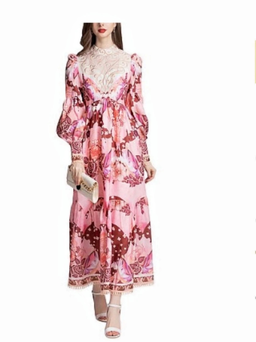 Embroidered Floral Maxi Dress Pink Brown Puff Sleeve Size 10